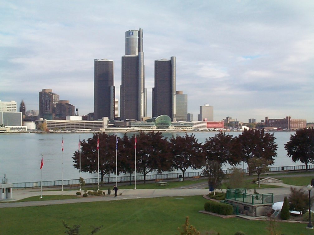 The view from the conference centre across the river to Detroit