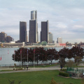 The view from the conference centre across the river to Detroit