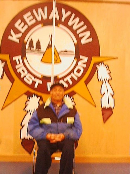 Donald sits proudly in front of the Keewaywin Logo.