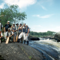 The crew on thefirst portage between Warwick & Kennedy (back row, l-r, Conroy, Andrew, Bruce, Tom, Donald, Jeremy, Tracy, kn