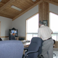 Meeting with John Moreau via video in the Slate Falls Band office board room