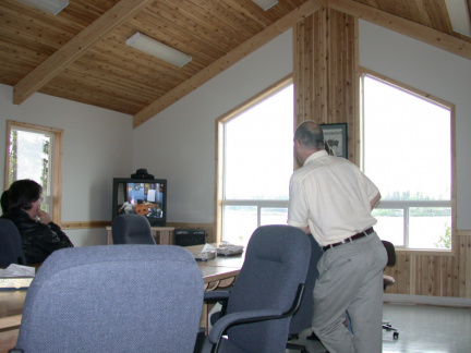 Meeting with John Moreau via video in the Slate Falls Band office board room