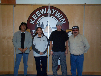 Finally a group picture of the Keewaywin e-Center Staff.
From right to Left.
David Mckay, Francine Kakepetum, Blue Mason, and