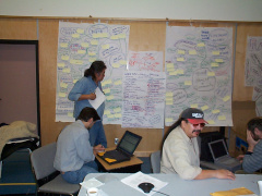 Heres Les explaining the spray diagram to staff in Balmertown. That's Raymond Mason with the hat and Ricardo besides the compute