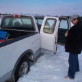 On the way to Koocheching we got stuck on the snowdrifts. Here Blue contemplating what he should do next.