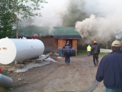 A picture of smoke coming out of the &quot;Grubshack Store.&quot;