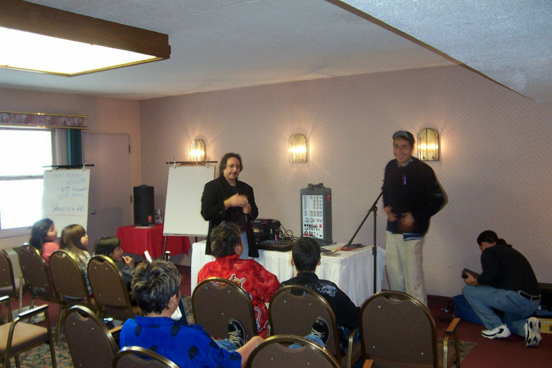 Vern Cheechoo and Lawrence Martin introduce a chaperone from Aroland First Nation to the art of music and songwriting