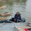 Allison Kakepetum hiding behind her lucky fishing hat. She was one of the winners.