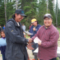 The Derby winner...Ian McKay being congratulated by David Thompson, the derby organizer.