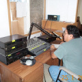 Levi Duncan at the Keewaywin Radio Station talking to Wahsa students.