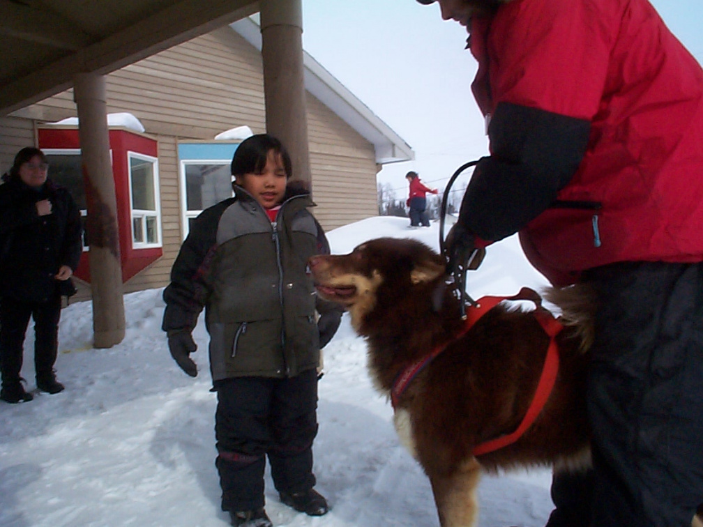 Here pet this doggie, hes okay. A student came out to pet one of the dogs.
