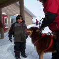 Here pet this doggie, hes okay. A student came out to pet one of the dogs.
