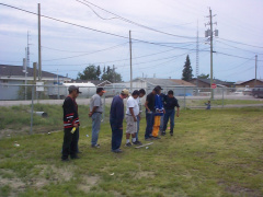 The mens 3 legged race as they line up.