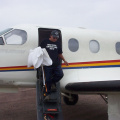 Davie Meekis arriving on his own plane escorting his son Cody Meekis