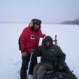 A team of dog sled came to visit us ths year. Here we have Donanld Kakegamic our Keewaywin elder getting a dog sled ride.