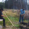 Sidney and Arthur carving out poles to hang the meat on