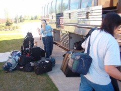 Joseph and Rosemary having a discussion out beside the bus, the day, we were ready to leave Edmonton.