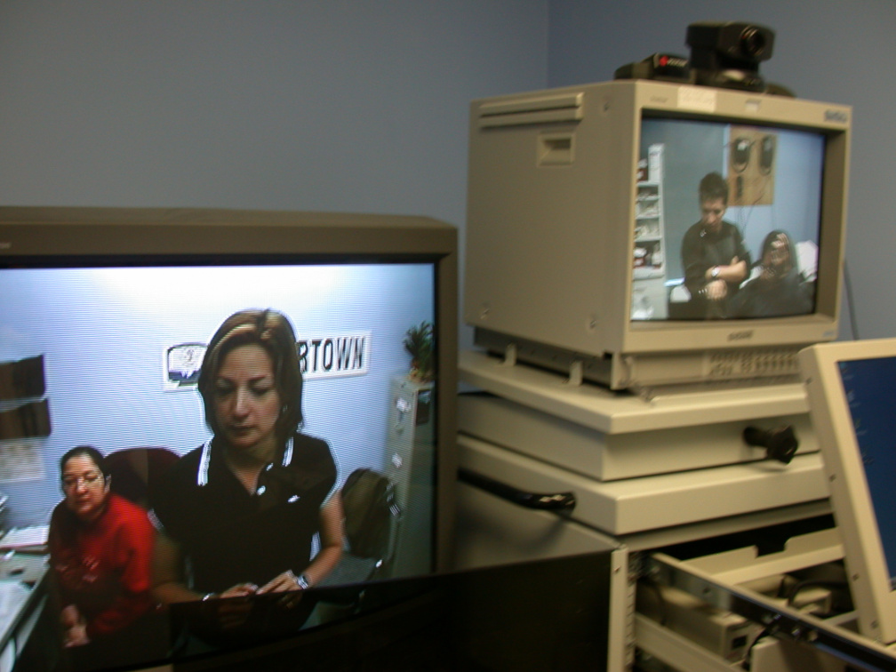 Telehealth demonstration between Keewaywin and Balmertown.  Donna Williams and Gibbet Stevens on larger monitor in Balmertown.