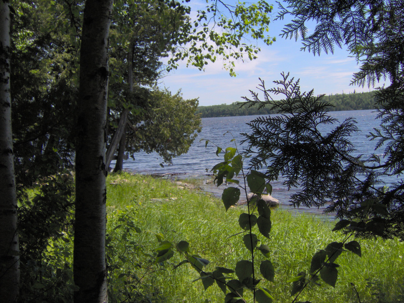 From the bottom of the stairway, looking out over the grass in front of Abram Lake