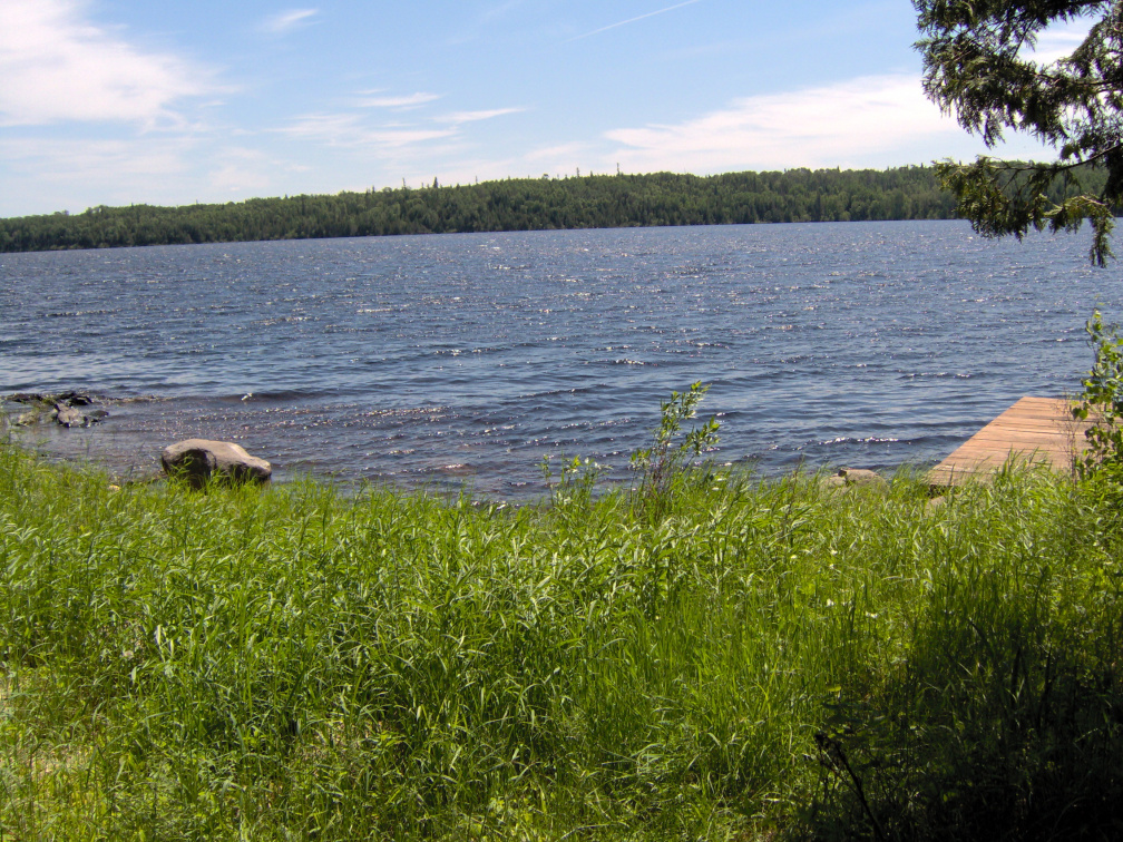 The shore line and the permanent dock on Abram Lake