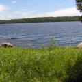 The shore line and the permanent dock on Abram Lake