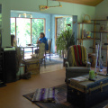 The living and dining room from the bedroom doorway