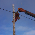 Roy attaching the wire to the pole.