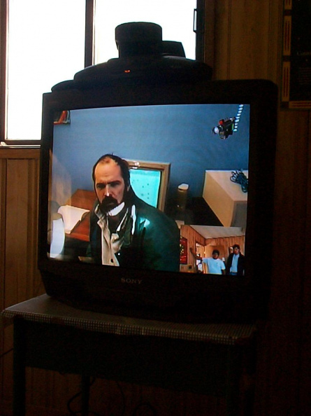 A closeup of the video conferencing equipment. Dan Pellerin in Sioux Lookout and the picture-in-picture showing local participan