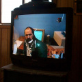 A closeup of the video conferencing equipment. Dan Pellerin in Sioux Lookout and the picture-in-picture showing local participan