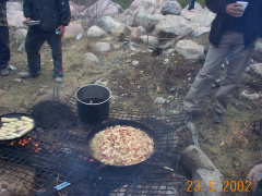 Yummy, cooking fries over the fire