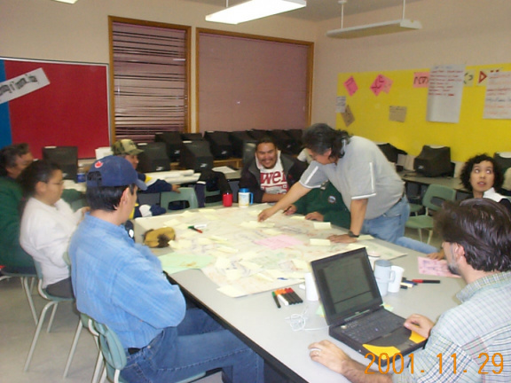 Les Meekis arranging some of the &quot;post its&quot;