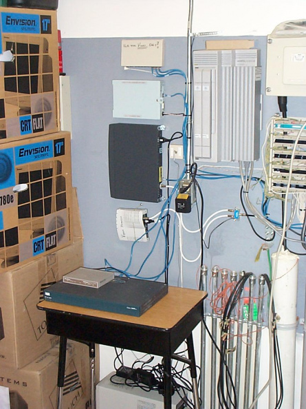 The network equipment in the mechanical room of the school.