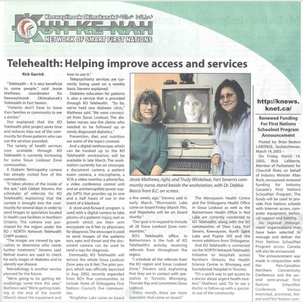 Wawatay-article3-mar20-03: Telehealth in Fort Severn