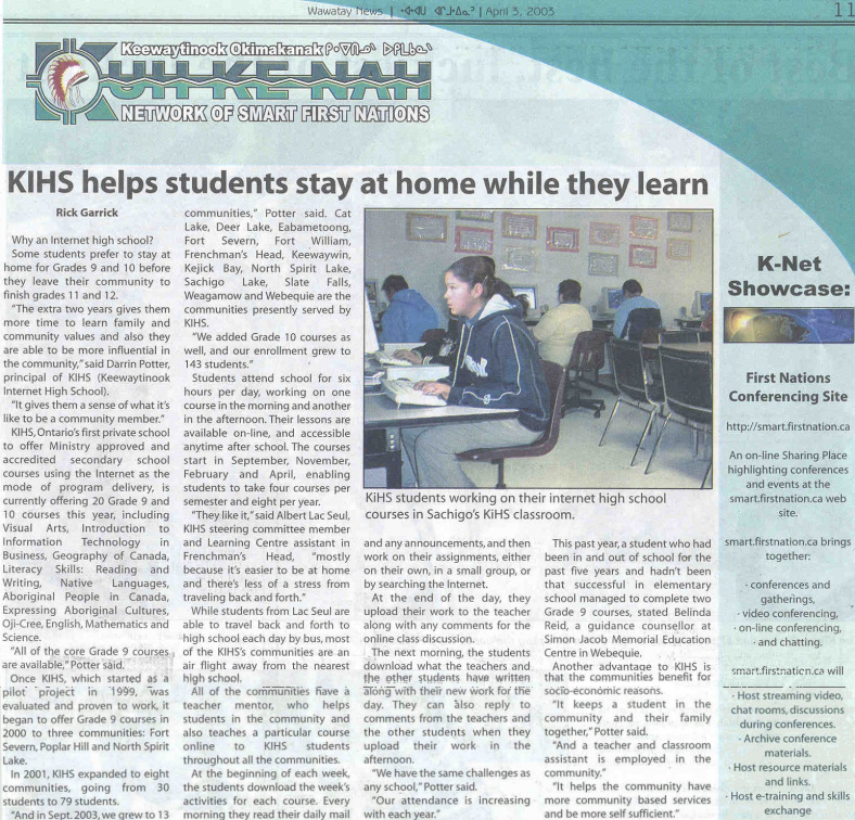 Wawatay-article1-Apr3-03: KiHS in action