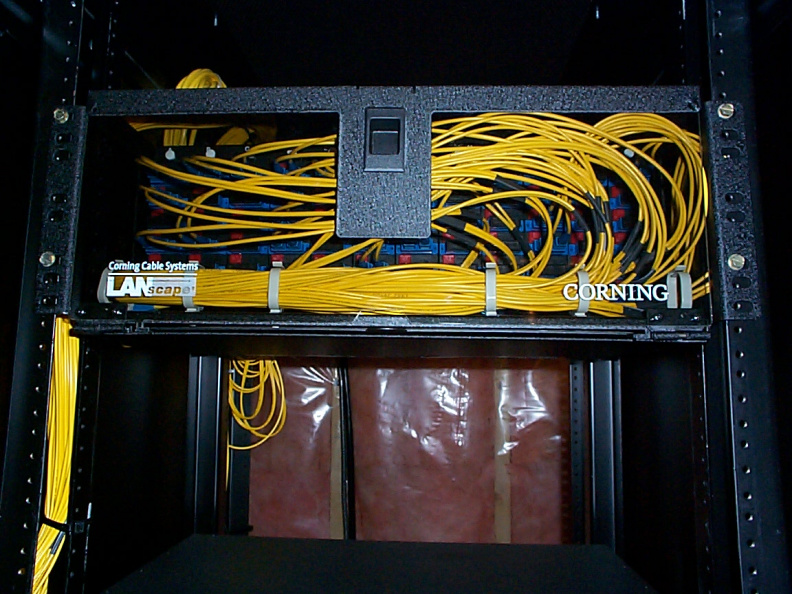The patch panel where all 144 strands of fiber terminate. Each location connected to the fiber network requires at least two fib