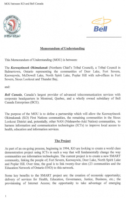 MOU entered into with Bell Canada describing our relationship and the Gold Circle Partnership (additional partners have been add