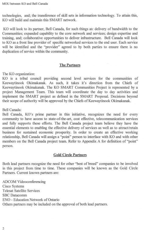 MOU entered into with Bell Canada describing our relationship and the Gold Circle Partnership (additional partners have been add