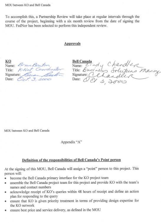MOU entered into with Bell Canada describing our relationship and the Gold Circle Partnership (additional partners have been add