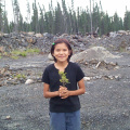 Here is Katrina Meekis holding a Low Sweet Blueberry plant.