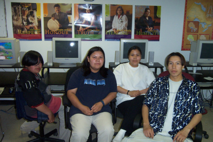 And here we have our Keewaywin E-center summer students. On the left is Reggie Kakegamic, Carrie Kakepetum, Maxine Kakepetum and