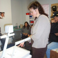 Cheryl Klassen, the nurse in Keewaywin, checking out the document camera.