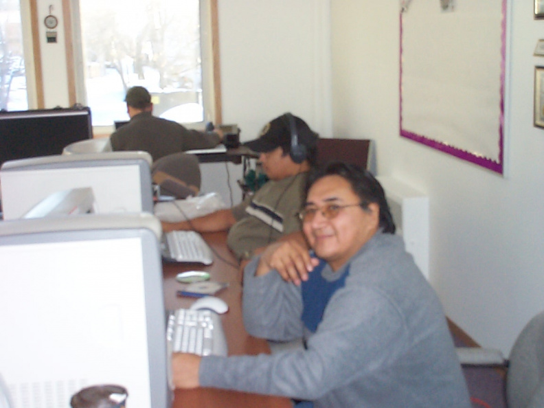 Multi-media Producers, Barney Turtle (Fort Severn) and Darrell Ostamas (Deer Lake) work through the set up and operation of thei