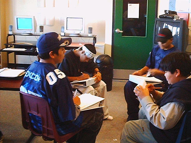 The men doing their English group work.
