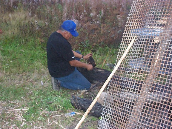 Here's Danny Quill scraping the moose's muzzle.  He is cooking it to eat