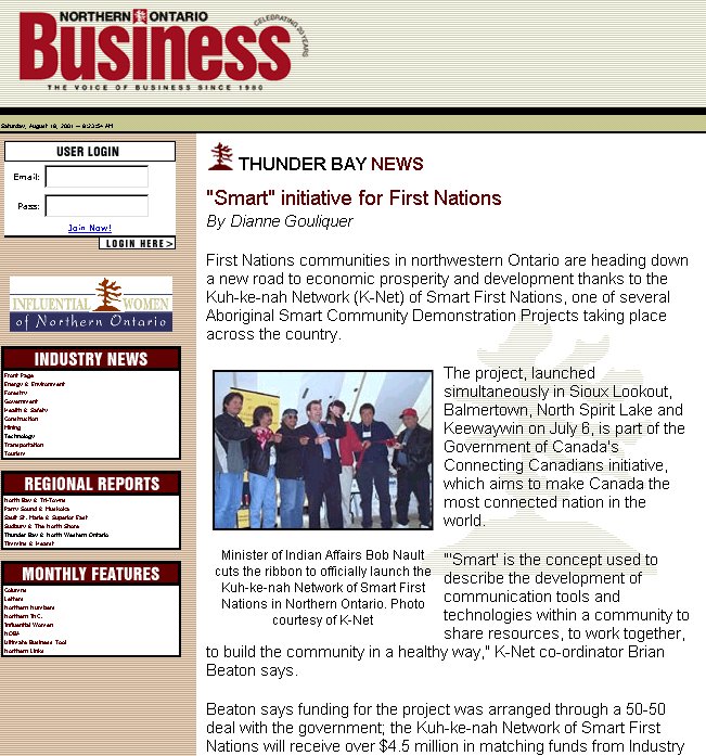 Northern Ontario Business - from their web site on Aug 18, 2001 (see next picture for complete article)